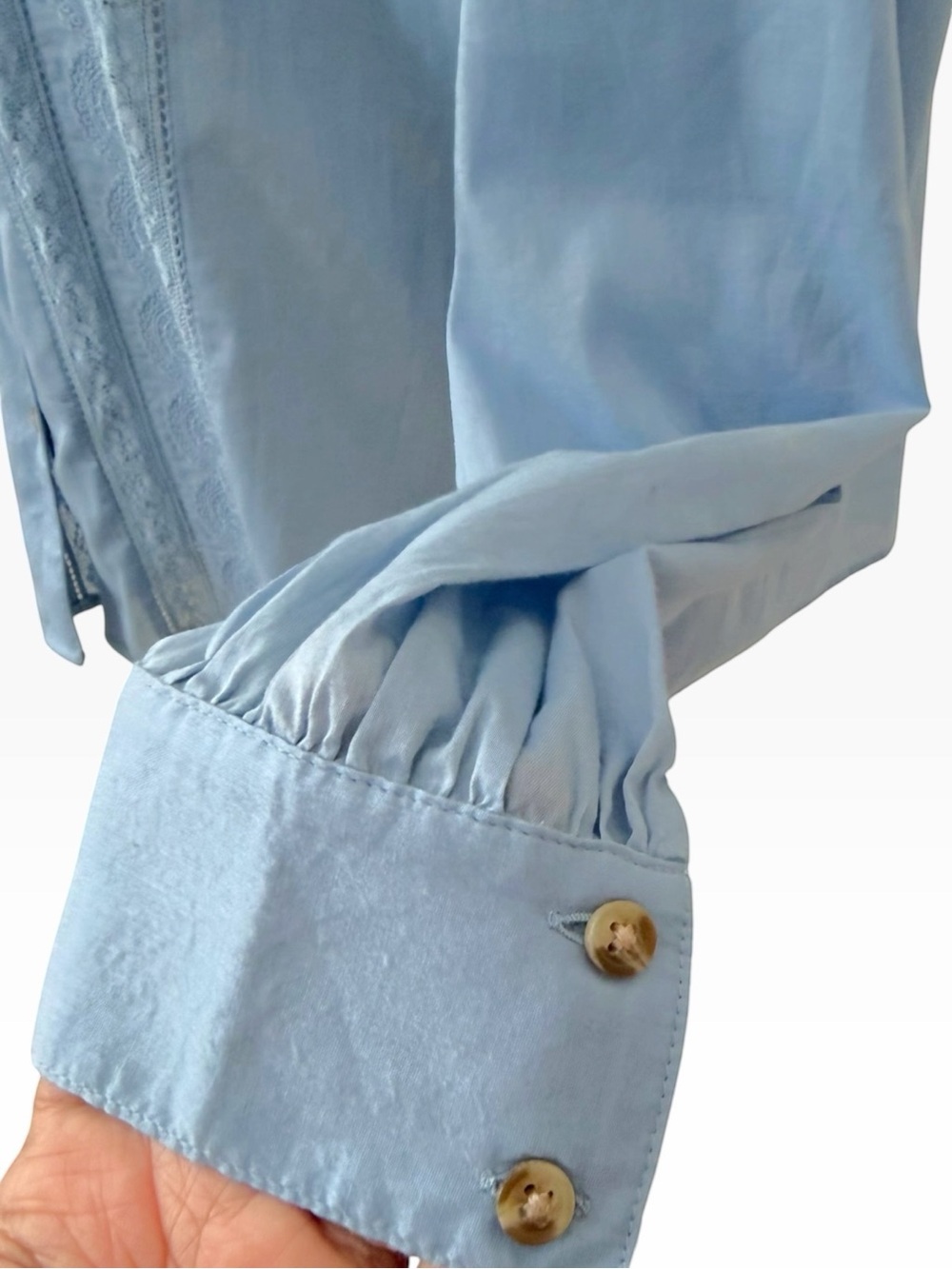 Sézane Chlo Shirt Vintage Blue Lace Ruffle Collar Size 42/10/ M US Cottagecoe - Picture 9 of 14